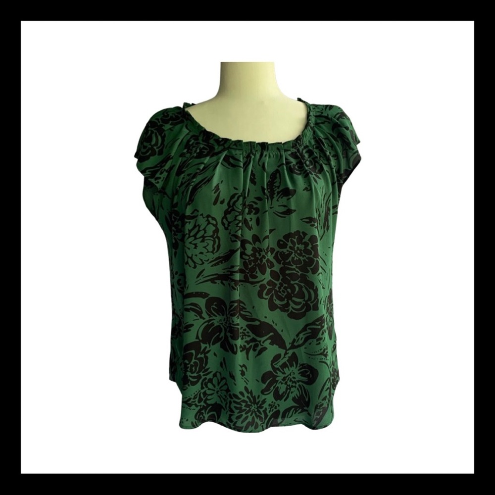 Lauren Conrad Green & Black Floral Sheer Blouse S